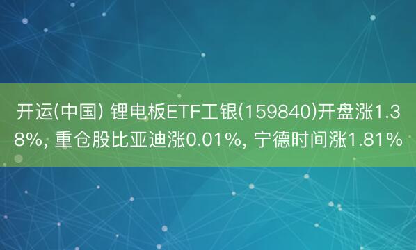 开运(中国) 锂电板ETF工银(159840)开盘涨1.38%， 重仓股比亚迪涨0.01%， 宁德时间涨1.81%